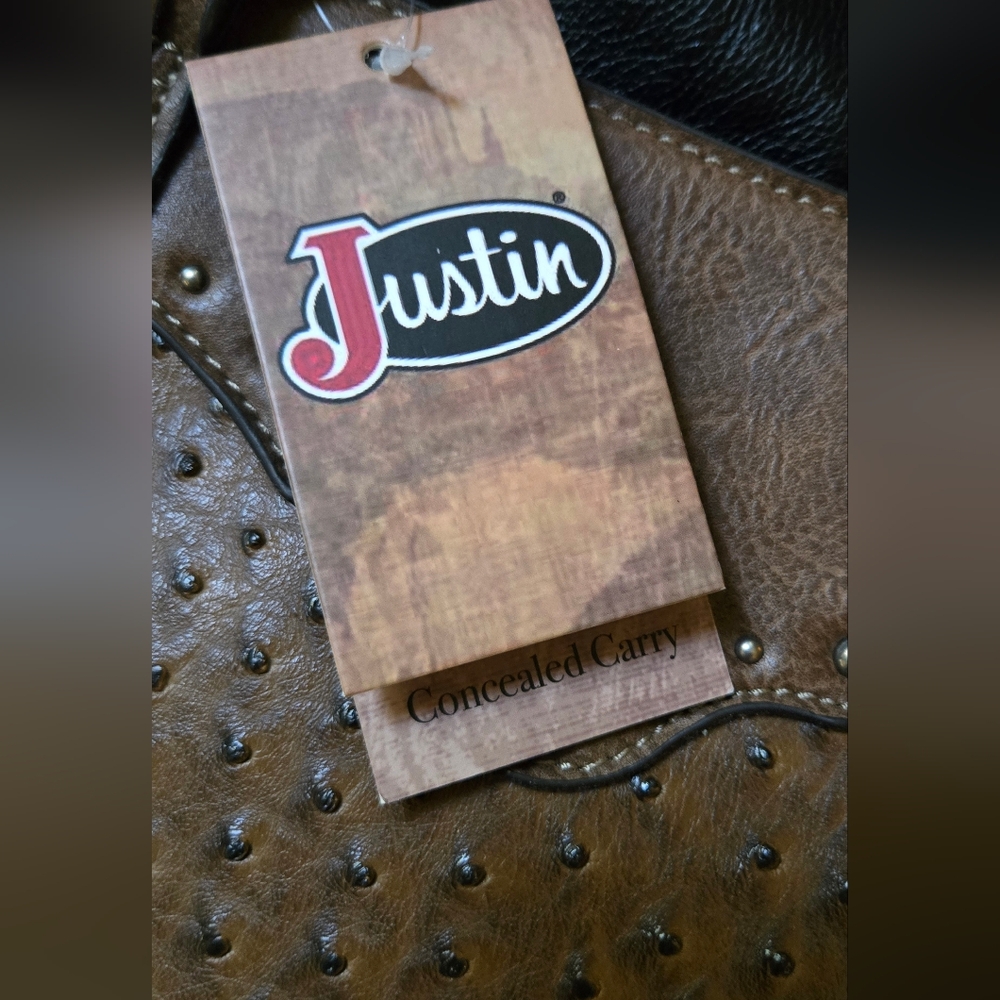 Justin Boots Brown Concealed Carry Ostrich Leather Shoulder Bag 15"×12"×5" NWT - Picture 3 of 11